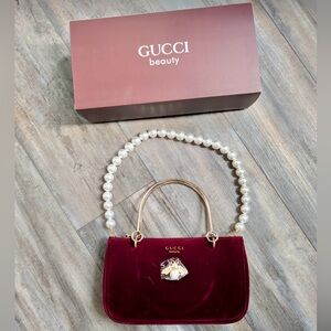 Gucci Beauty Bee Red Velvet GW Upcycled Pouch with Pearl Handle NWB
